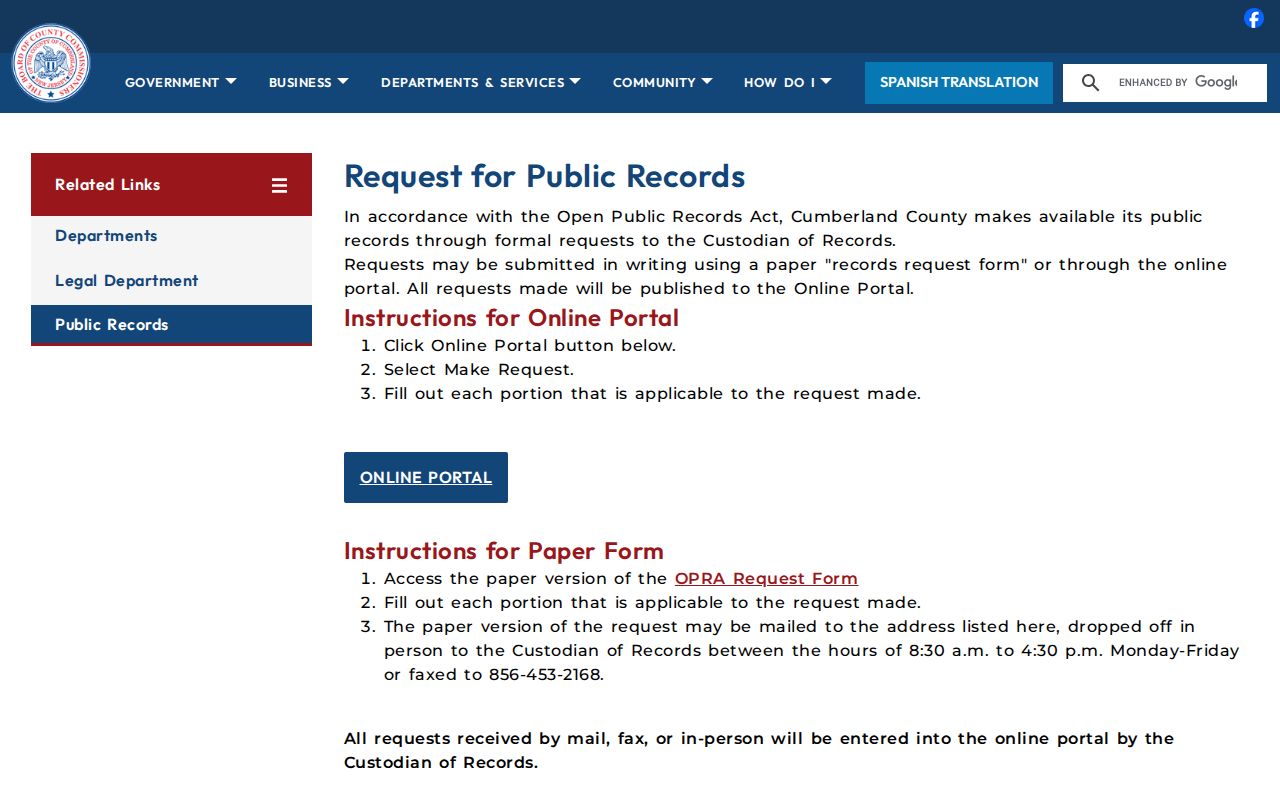 Vineland residents directory Cumberland County OPRA request